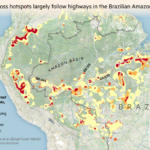 Mapa que muestra puntos calientes de deforestación en Brasil