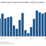 Gráfico de columnas de Toneladas (mn) que muestra que las exportaciones de trigo de Argentina alcanzan un récord en la temporada 2021-22