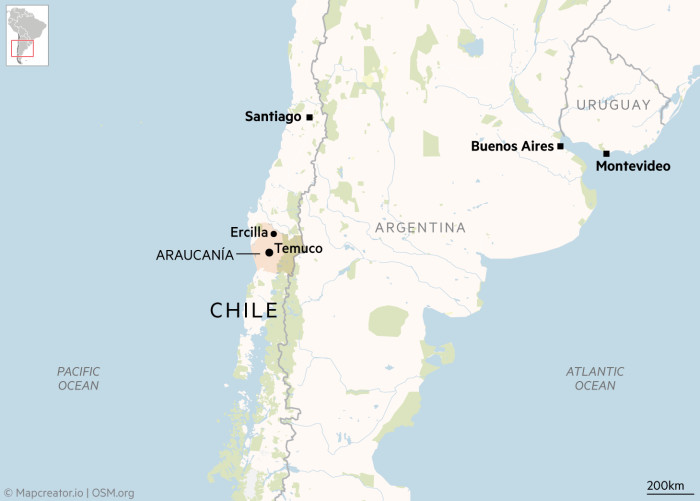 Mapa que muestra la región de la Araucanía de Chile