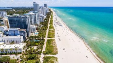 Una toma aérea de una sección del paseo marítimo de Miami Beach, con la playa y el océano a su derecha