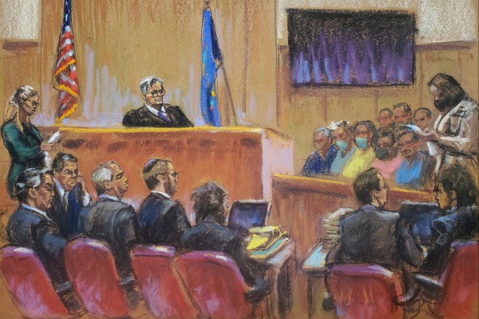 Un boceto de la sala del tribunal del veredicto que se lee en un tribunal de Manhattan