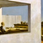Pintura al óleo de un hombre mirando por la ventana de una gran oficina a una hilera de casas adosadas