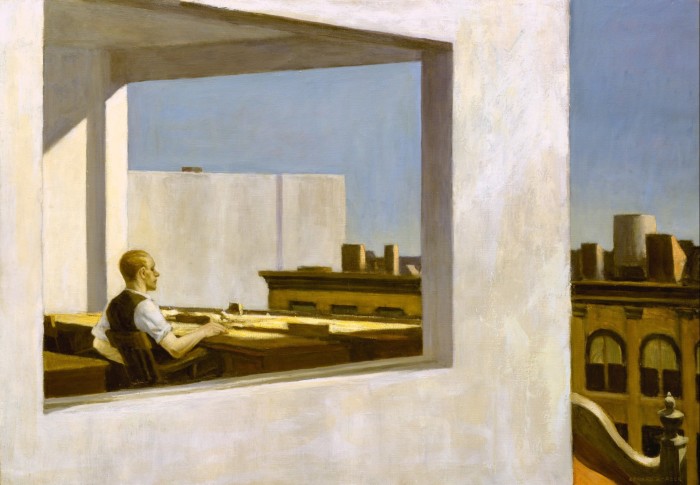 Pintura al óleo de un hombre mirando por la ventana de una gran oficina a una hilera de casas adosadas