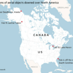 Mapa que muestra las ubicaciones de los objetos aéreos derribados en América del Norte