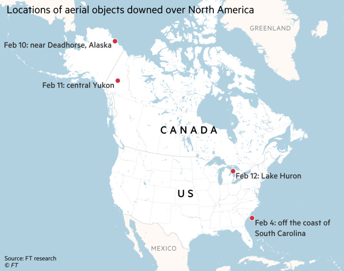Mapa que muestra las ubicaciones de los objetos aéreos derribados en América del Norte