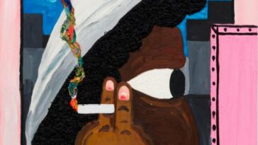 Pintura de un hombre negro fumando y con una capucha del Ku Klux Klan
