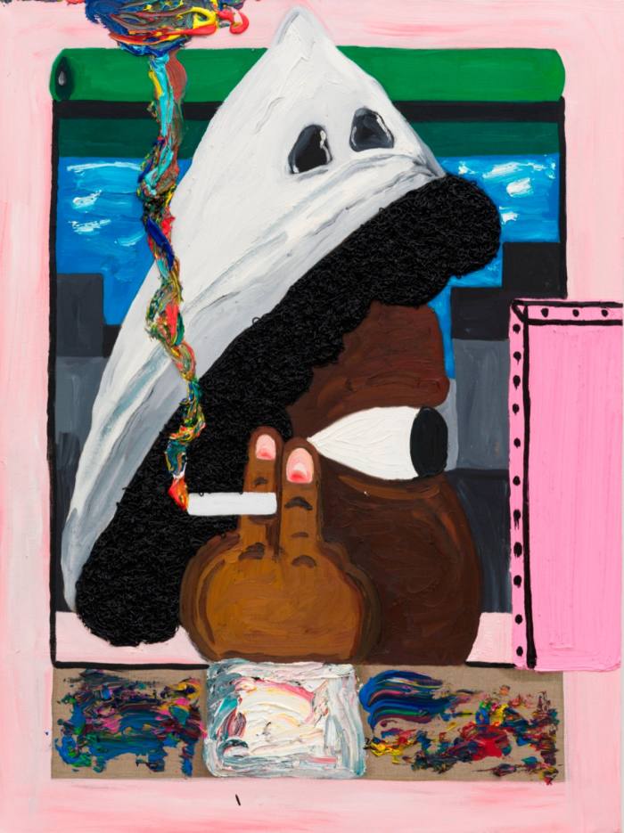 Pintura de un hombre negro fumando y con una capucha del Ku Klux Klan