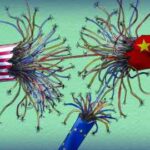 Ilustración de tres cables, uno envuelto en la bandera de EE. UU., otro en la bandera china y el tercero, un cable más pequeño en la bandera de la UE, de los que salen cables