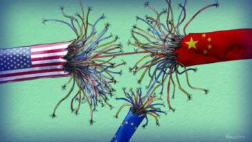 Ilustración de tres cables, uno envuelto en la bandera de EE. UU., otro en la bandera china y el tercero, un cable más pequeño en la bandera de la UE, de los que salen cables