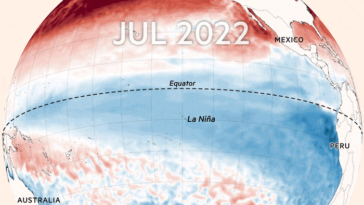 Animación que muestra anomalías en la temperatura de la superficie del mar en el Océano Pacífico entre julio de 2022 y abril de 2023. La Niña, que normalmente tiene un efecto de enfriamiento, ha disminuido, dando paso a aguas más cálidas