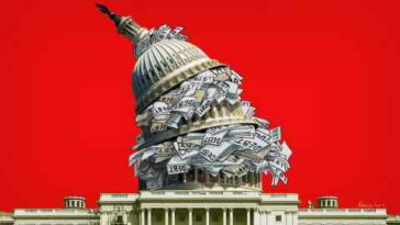 Ilustración de James Ferguson de facturas de deuda que salen del techo del edificio del Capitolio, que está tan lleno que comienza a inclinarse hacia un lado