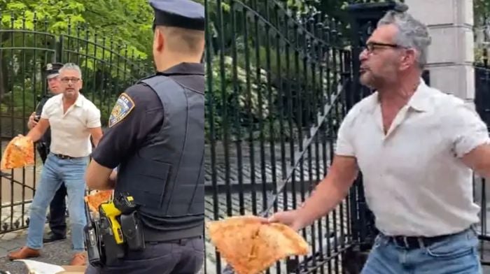 Artista derechista tira pizza en el ayuntamiento de Nueva York después de la represión contra los hornos de carbón