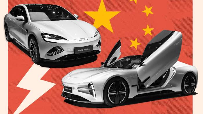 Un montaje que muestra dos coches con la bandera china de fondo.