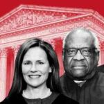 Montaje de imágenes de los jueces Amy Coney Barrett, Clarence Thomas y Neil Gorsuch en un contexto de la Corte Suprema