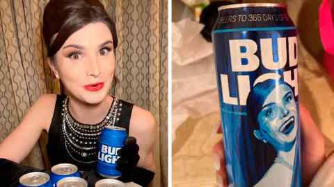 Dylan Mulvaney con latas de Bud Light, incluida una con su rostro