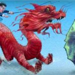 Ilustración de James Ferguson de Xi Jinping montando un dragón rojo hacia Taiwán