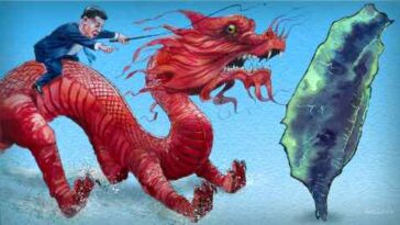 Ilustración de James Ferguson de Xi Jinping montando un dragón rojo hacia Taiwán