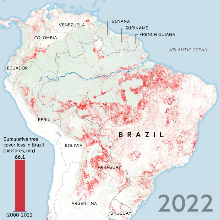 Pérdida de cobertura arbórea de 2001 a 2022 en América del Sur