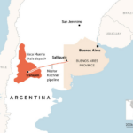 Mapa que muestra la ubicación del oleoducto Néstor Kirchner y el depósito de esquisto de Vaca Muerta en Argentina