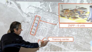 Puntos de Grossi en un mapa de la central nuclear de Zaporizhzhia, marzo de 2022.