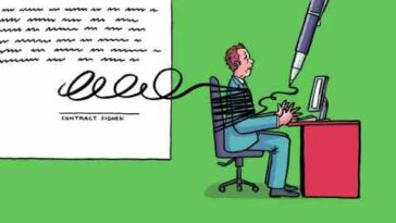 Ilustración de un trabajador atado a su silla por una firma que se extiende desde la página de un contrato cercano
