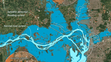 Mapa que muestra datos satelitales de inundaciones en el estado de Rio Grande do Sol, en el sur de Brasil.