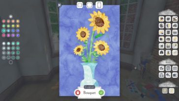 Representación digital de un jarrón de girasoles pintado en una pantalla con opciones de herramientas de pintura