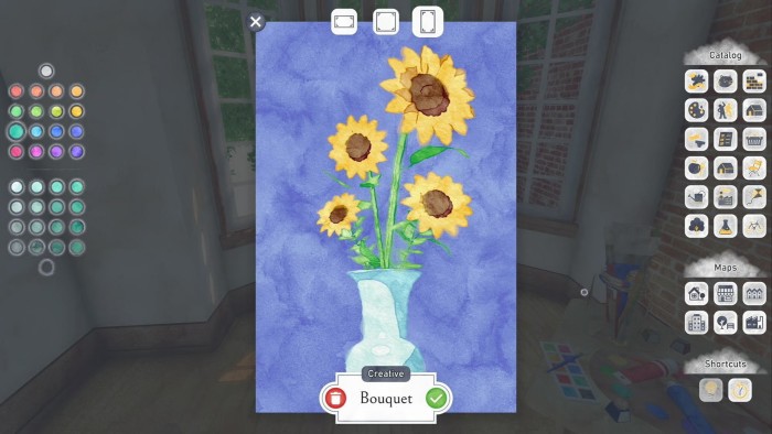 Representación digital de un jarrón de girasoles pintado en una pantalla con opciones de herramientas de pintura