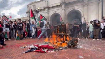 Polémica protesta: partidarios de Palestina sustituyen banderas estadounidenses