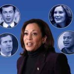 Una imagen compuesta de Kamala Harris y sus posibles compañeros de fórmula