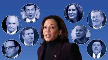 Una imagen compuesta de Kamala Harris y sus posibles compañeros de fórmula