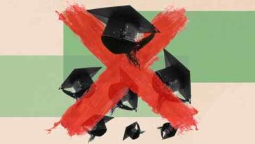 Ilustración de birretes de graduación en el aire con una gran X roja atravesándolos