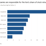 Gráfico de barras del rendimiento total para el primer semestre de 2024, $ que muestra que las grandes empresas son responsables de la mayor parte de los rendimientos de las acciones.