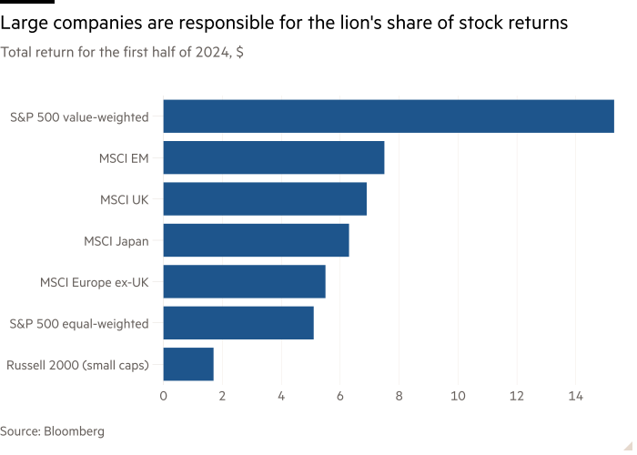 Gráfico de barras del rendimiento total para el primer semestre de 2024, $ que muestra que las grandes empresas son responsables de la mayor parte de los rendimientos de las acciones.