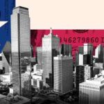 Montaje de un recorte del horizonte de Dallas con la bandera de la estrella solitaria de Texas como fondo