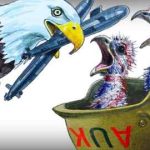 Ilustración de un águila calva norteamericana a punto de alimentar a sus polluelos con submarinos nucleares. Los polluelos están cubiertos con la bandera del Reino Unido y sentados con un sombrero militar con la inscripción Aukus