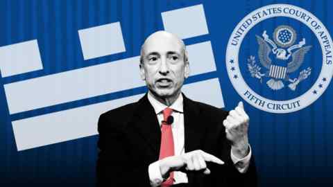 Un montaje del presidente de la SEC, Gary Gensler, el sello del Tribunal de Apelaciones de los Estados Unidos para el Quinto Circuito y el logotipo de Citadel