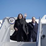 Vice President Kamala Harris and Second Gentleman Douglas Emhoff disembark Air Force Two at Denver International Airport Monday, March 6, 2023, in Denver. (Official White House Photo/Lawrence Jackson)