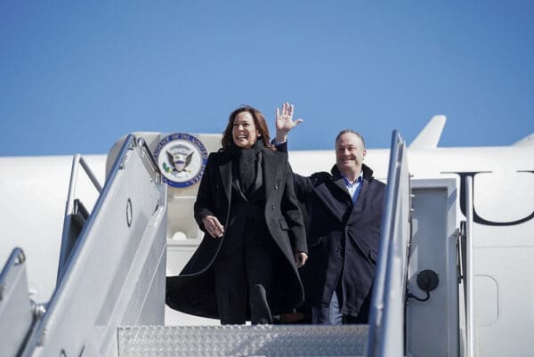 Vice President Kamala Harris and Second Gentleman Douglas Emhoff disembark Air Force Two at Denver International Airport Monday, March 6, 2023, in Denver. (Official White House Photo/Lawrence Jackson)