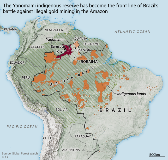 La reserva indígena Yanomami se ha convertido en la primera línea de batalla de Brasil contra la minería ilegal de oro en la Amazonia. Mapa que muestra las regiones indígenas de Brasil y la selva amazónica