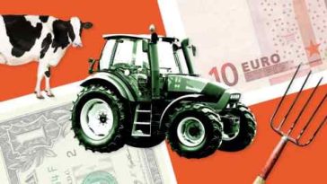 Imagen de montaje de un tractor, una horca, una vaca y billetes de dólar y euro.