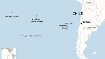 Un mapa que muestra Rapa Nui (Isla de Pascua), Chile, las islas Juan Fernández y las islas Pitcairn