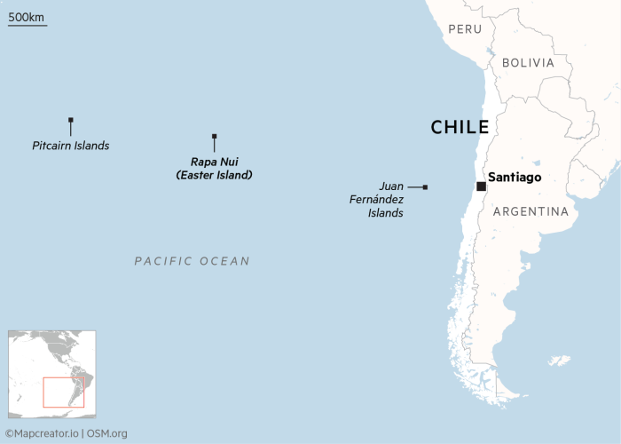 Un mapa que muestra Rapa Nui (Isla de Pascua), Chile, las islas Juan Fernández y las islas Pitcairn