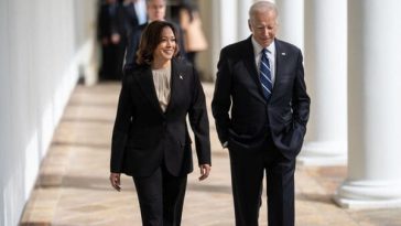 President Joe Biden and Vice President Kamala Harris walk along the Colonnade after Biden's remarks on the recent terrorist attacks in Israel, Tuesday, October 10, 2023, at the White House. (Official White House Photo by Lawrence Jackson)