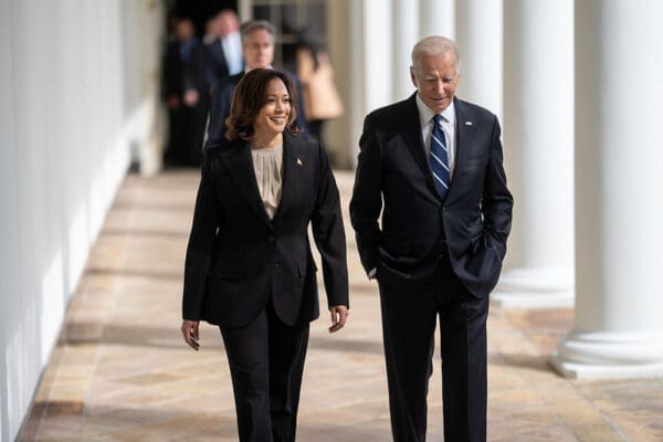 President Joe Biden and Vice President Kamala Harris walk along the Colonnade after Biden's remarks on the recent terrorist attacks in Israel, Tuesday, October 10, 2023, at the White House. (Official White House Photo by Lawrence Jackson)