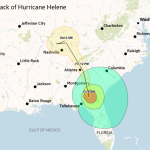 Un mapa del sureste de EE. UU. que muestra la probable trayectoria del huracán Helene