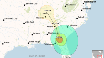 Un mapa del sureste de EE. UU. que muestra la probable trayectoria del huracán Helene