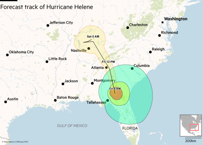 Un mapa del sureste de EE. UU. que muestra la probable trayectoria del huracán Helene