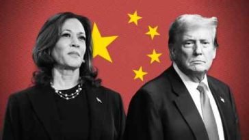 Un montaje de Kamala Harris y Donald Trump con la bandera china de fondo