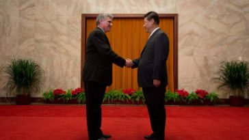 Presidente de China, Xi Jinping, saluda en el Gran Palacio del Pueblo al primer vicepresidente del Consejo de Estado de Cuba, Miguel Díaz-Canel